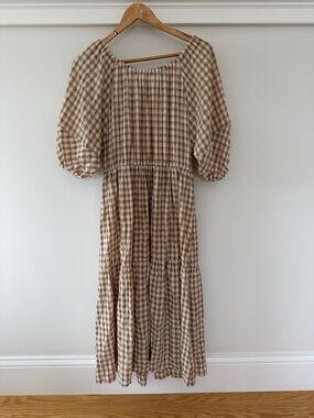 Mango Beige and White Gingham Puff-Sleeve Maxi Dress